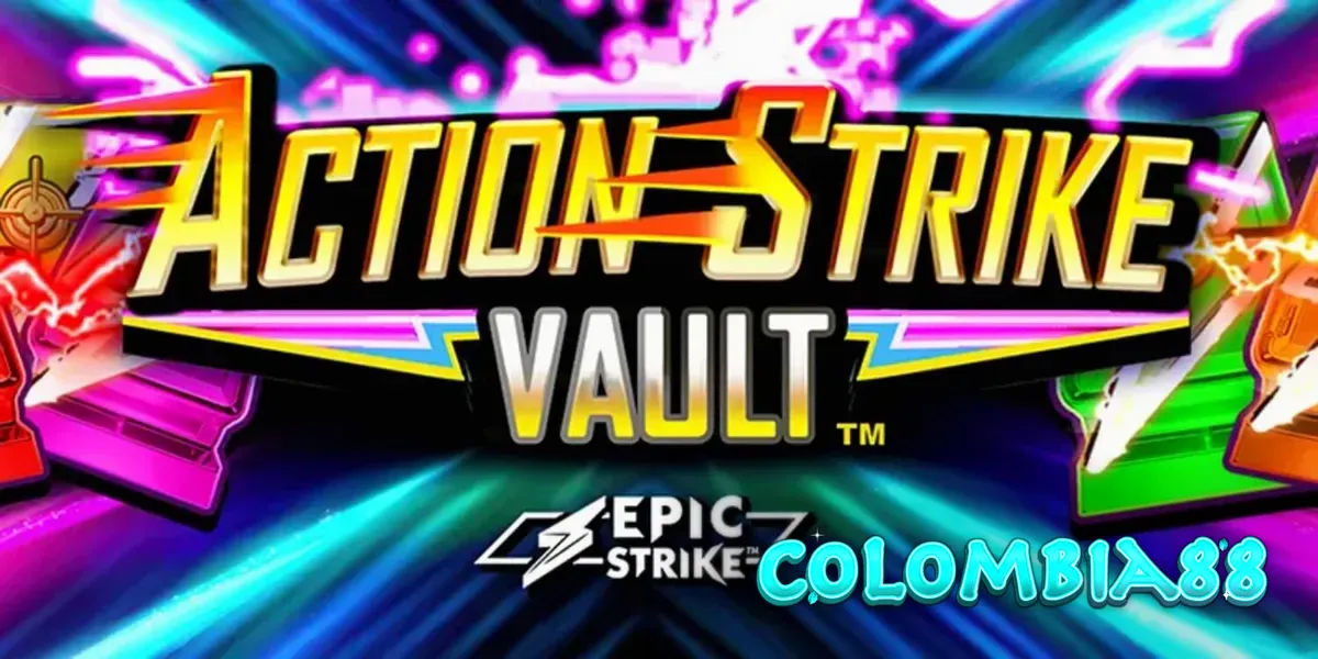 Tampilan visual slot Action Strike Vault dengan nuansa neon Vegas dan ruang angkasa